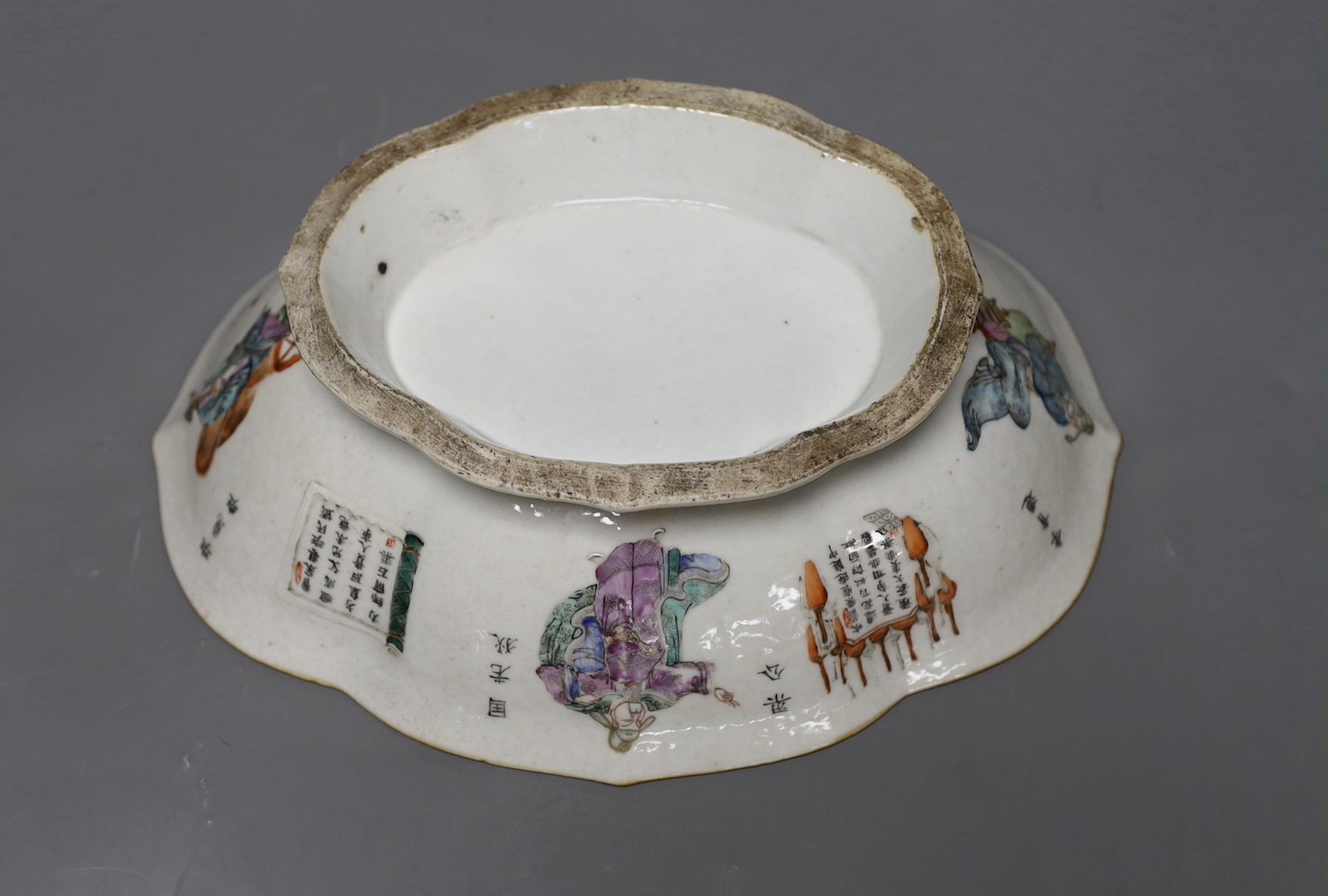 A Chinese inscribed famille rose footed dish, mid 19th century, 28cm long